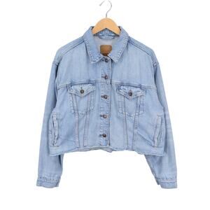 American Eagle AE Cropped Raw Hem Soft Wash Denim Jacket Light Blue Size XL